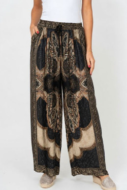 Front of the Detailed Printed Satin Pants style 64074 from Look Mode in the color black