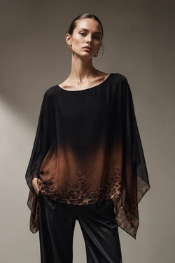 Front of the Ombre Animal Print Silk Top style 1688DCH from Look Mode in the color black