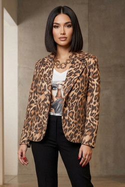 Front of the Leopard Faux Suede Blazer from Look Mode in the color beige