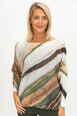 Front of the Multicolor Abstract Wave Print Sweater style 9013 from Look Mode in the color dark olive