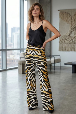 Front of the Tiger Striped Double Layer Palazzo Pants style P12390D from Eva Varro in the amor/black print