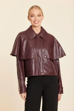 Front of the Faux Leather Cape Jacket style 497 from Dolce Cabo in the color burgundy