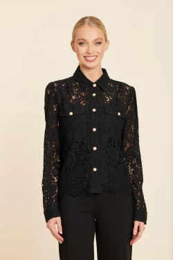Front of the Floral Lace Pearl Button Long Sleeve Blouse style 75937 from Dolce Cabo in the color black