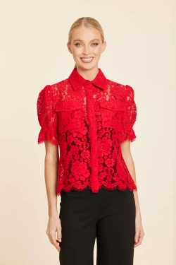 Front of the Floral Lace Elastic Cuff Top style 264 from Dolce Cabo in the color red