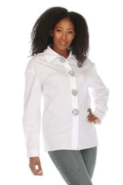 Front of the Crystal Button Blouse style Z13641 from AZI Jeans in the color white