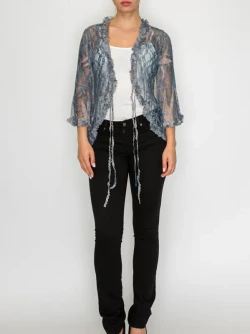 Front of the Sparkly Sheer Lace Tie-Front Cardigan style 4971GY from Origami in the color denim