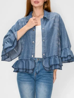 Front of the Sparkly Chambray Buttoned Blouse style 5015 from Origami in the color denim