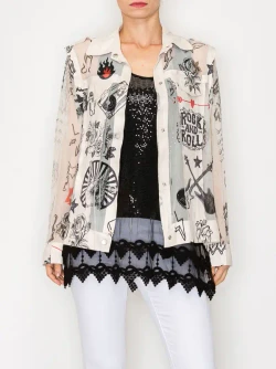 Front of the Faux Suede Mesh Trimmed Detailed Jacket style 4820BG from Origami in the rock n roll print