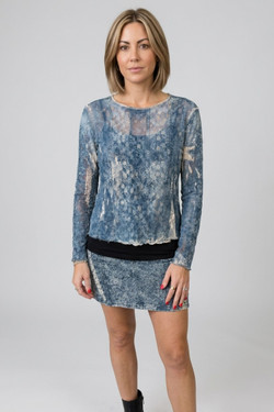 Front of the Sheer Lace Long Sleeve Top style 4865BG from Origami in the color denim