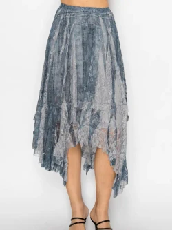 Front of the Romantic Sparkly Lace Flowy Boho Skirt style 4904GY from Origami in the color denim