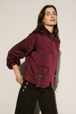 Front of the Satin Puff Sleeve Utility Jacket style 264939 from Joseph Ribkoff in the color elderberry