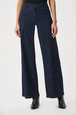 Front of the Classic Rhinestone Wide-Leg Jeans style 254921 from Joseph Ribkoff in the color dark denim