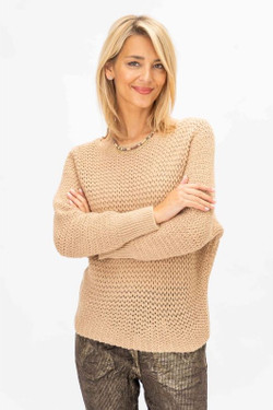 Front of the Open Knit Sweater style 7758PL from Look Mode in the color camel