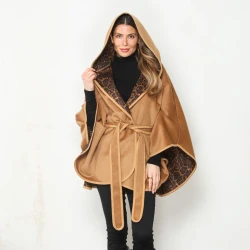 Front of the Hooded Wrap Cape with Leopard Lining style 6893-CGK from Paparazzi in the color saddle