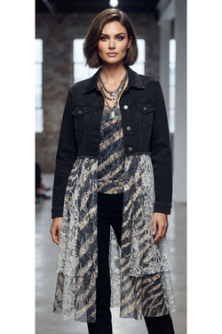 Front of the Zebra Print Lace Layer Denim Jacket style 4510BK from Origami in the mocha zebra print