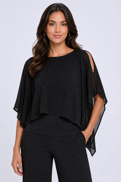 Front of the Glitter Asymmetrical Flowy Top style MS1832-285 from Last Tango in the color black