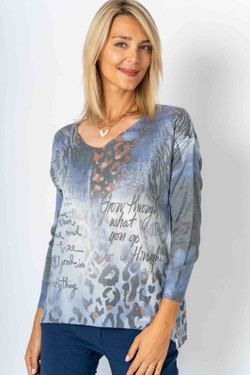 Front of the Cheetah Abstract Print Sweater style 1914C2 from Look Mode in the color blue jean
