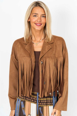 Front of the Fringe Cropped Jacket style 19005 from Look Mode in the color camel