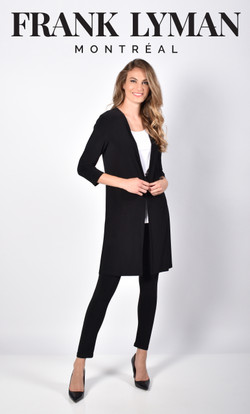 Model wearing the Duster Cardigan from Frank Lyman in the color black