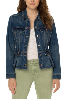 Front of the Denim Peplum Jacket from Liverpool in the color seedling blue