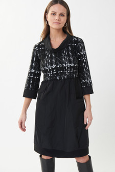 Model showing the front of the Checkered Top Long Sleeve Dress from Joseph Ribkoff in the colors Black, Vanilla and Gray