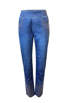 Front view of the denim blue Pull-On Studded Ankle Pants from Ethyl