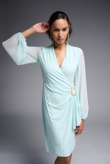 Front of the Wrap Dress with Jewel Brooch from Joseph Ribkoff in the color Opal