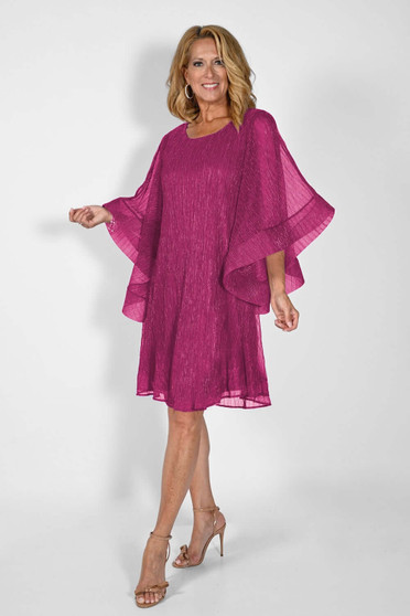 Front of the Angel Sleeve Metallic Dress from Frank Lyman in the color fuchsia
