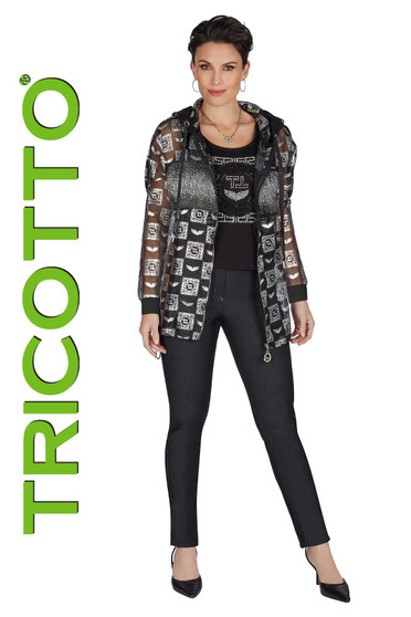 Model wearing the Printed Mesh Zip-Up Jacket from Tricotto in the color black