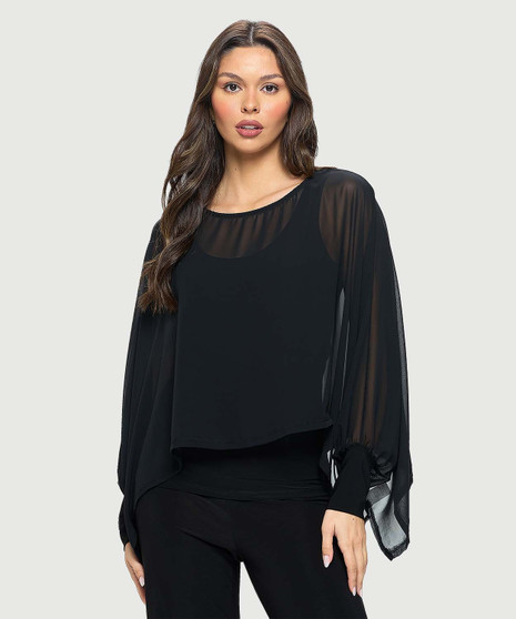 Front of the Chiffon Batwing Popover from Last Tango in the color black