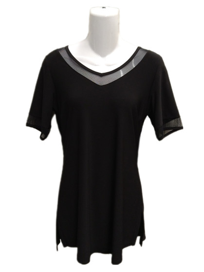 Front of the Mesh Neckline Top from Artex in the color black