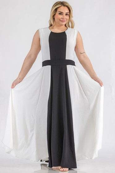 Front of the Pleated Sleeveless Maxi Dress from Karen T. Design in the colors black and white