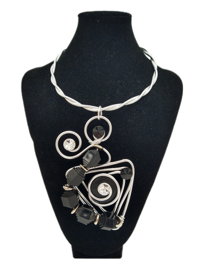 Front of the Silver Twist Wire Necklace with Black Beads from Jeff Lieb