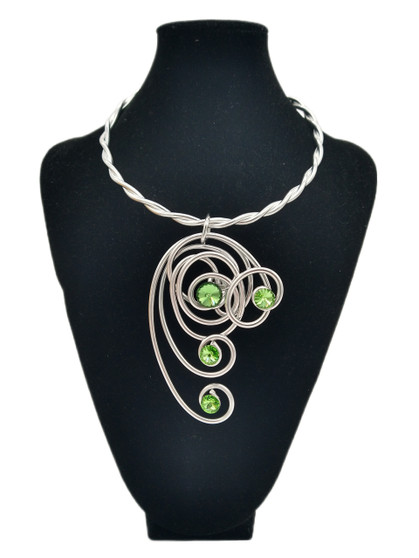 Front of the Silver Twist Wire Necklace with Green Stones from Jeff Lieb
