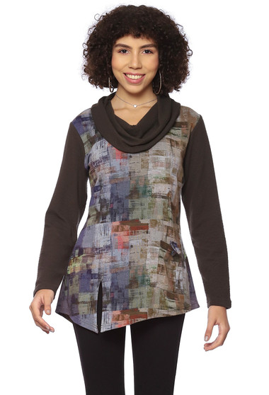 Front of the Marla Cowl Neck Tunic from Parsley & Sage in the multicolor print