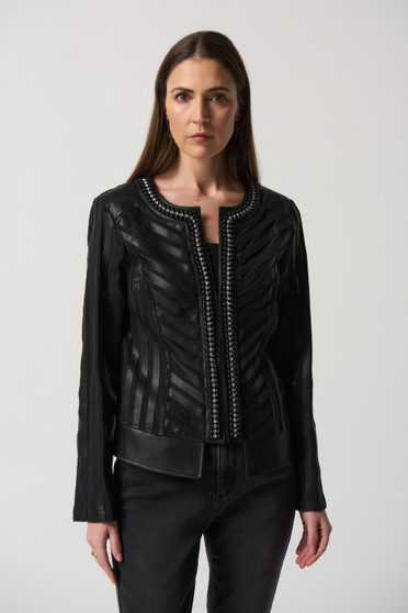 Front of the Faux-Leather and Mesh Jacket from Joseph Ribkoff in the color black