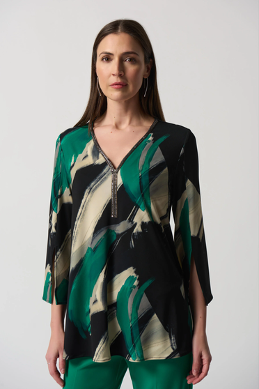 Front of the Abstract Fit-n-Flare Tunic from Joseph Ribkoff in the colors black and multi