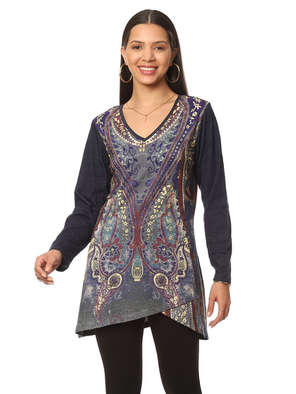 Front of the Zoe V-Neck Tunic from Parsley & Sage in the multicolor print