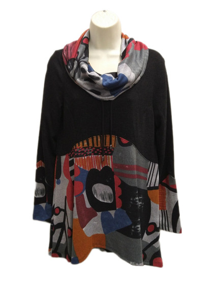 Front of the Cowl Neck Abstract Print Top from Michael Tyler in the colors yellow, orange and black