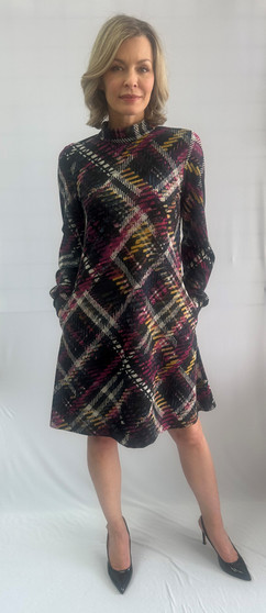 Front of the Plaid Mock Neck Dress from Soft Work in the colors navy blue and fuchsia