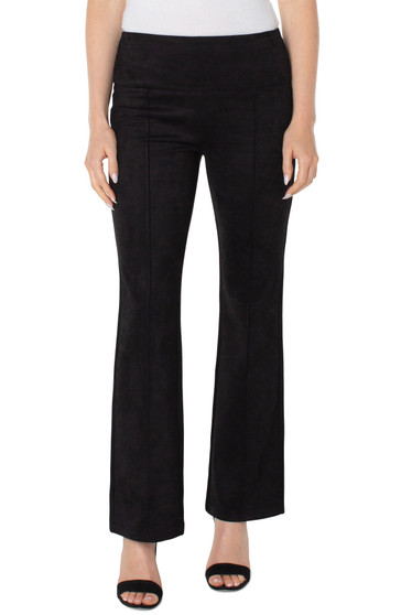 Front of the Flare Pintuck Sueded Pants from Liverpool in the color black