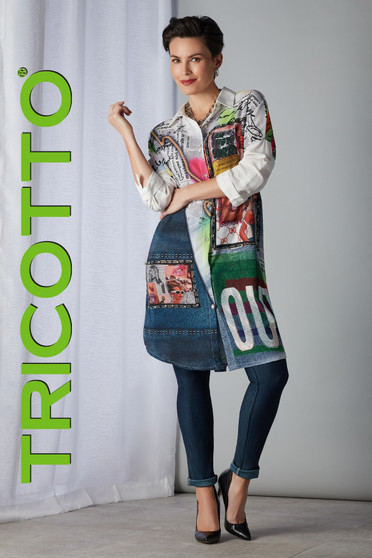 Front of the multicolor Newsprint Fashion Blouse from Tricotto
