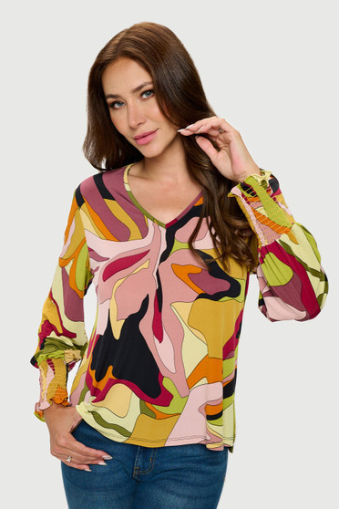 Front of the Printed Retro Top with Elastic Cuffs from Last Tango in the multicolor print