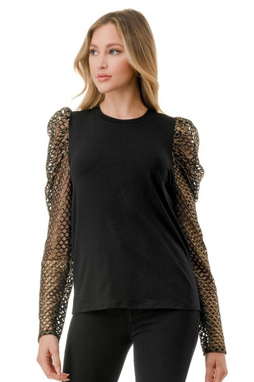 Front of the Contrast Puff Long Sleeve Top from Ariella USA in the colors black and gold