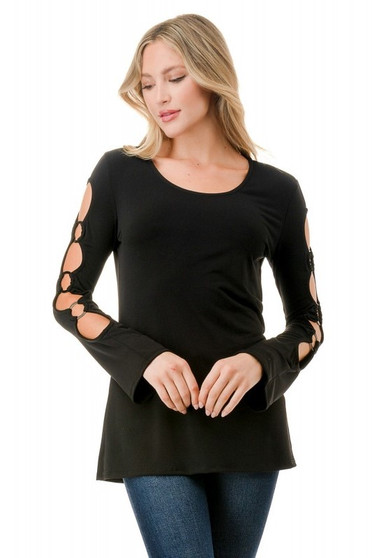 Front of the Ring Detail Bell Sleeve Top from Ariella USA in the color black