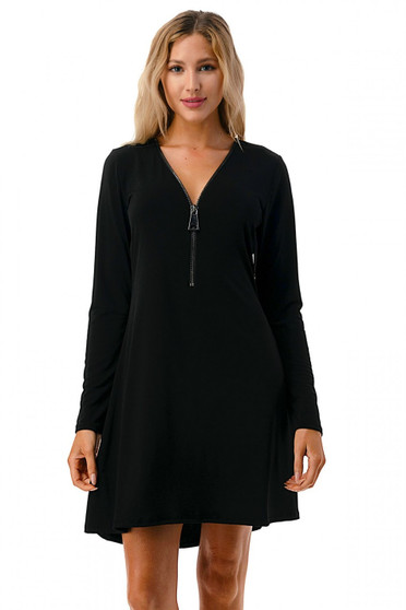 Front of the Long Sleeve Zip Front Dress from Ariella USA in the color black