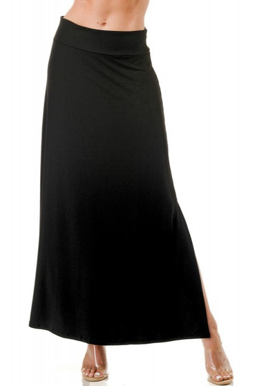 Front of the Flare Maxi Skirt with Side Slit from Ariella USA in the color black