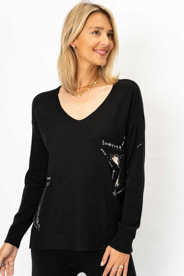Front of the Sequins Star Sweater from Look Mode in the color black