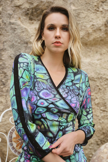 Model wearing the Crossover Printed Top from Dolcezza in the multicolor print