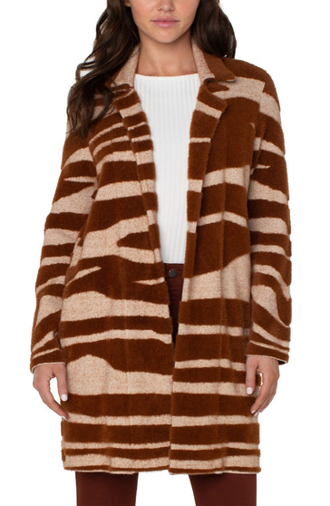 Front of the Open Front Sweater Coatigan from Liverpool Jeans in the rust / oat animal print